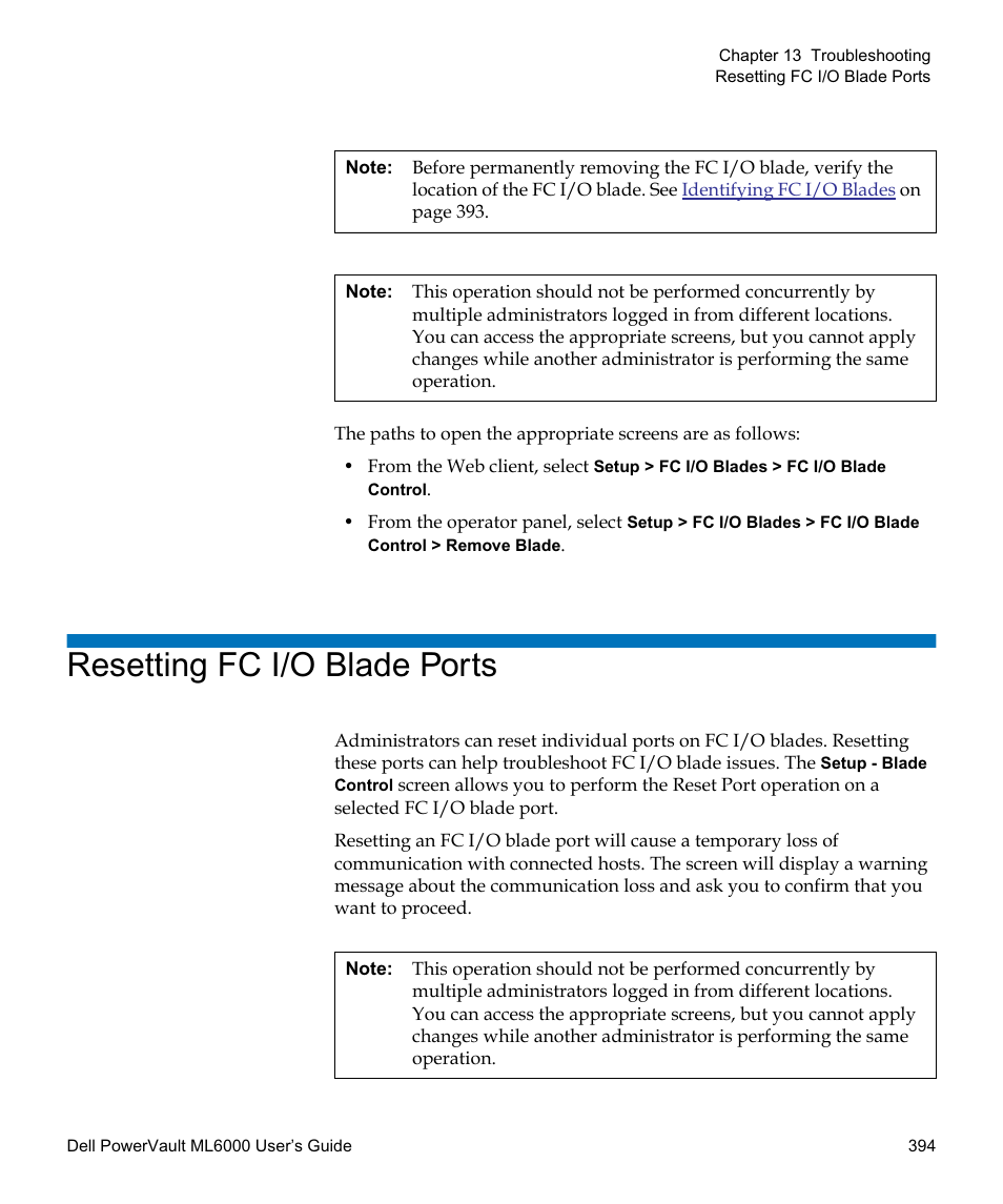 Resetting fc i/o blade ports | Dell PowerVault ML6000 User Manual | Page 394 / 438