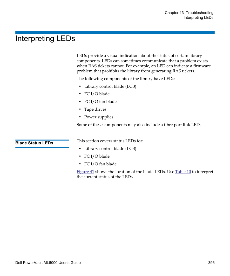 Interpreting leds, Blade status leds, Blade status | Leds, On the behavior of the fc i/o blade leds, see | Dell PowerVault ML6000 User Manual | Page 396 / 438