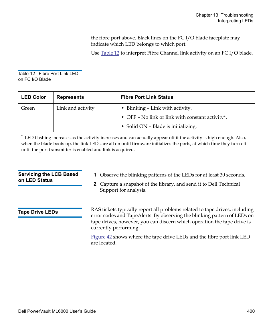 Servicing the lcb based on led status, Tape drive leds | Dell PowerVault ML6000 User Manual | Page 400 / 438