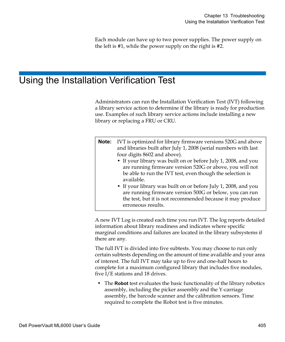 Using the installation verification test, Using the, Installation verification test | Dell PowerVault ML6000 User Manual | Page 405 / 438