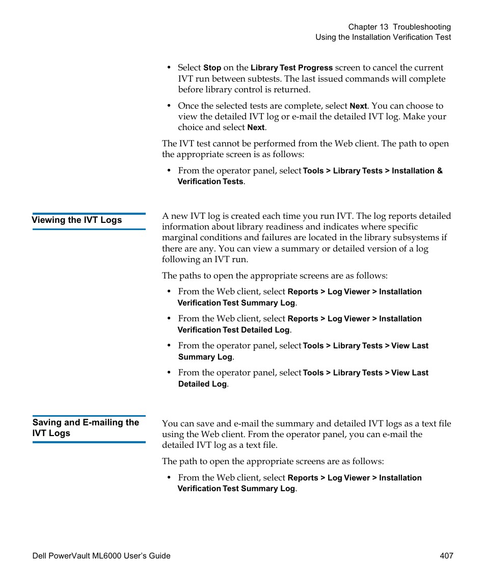 Viewing the ivt logs, Saving and e-mailing the ivt logs | Dell PowerVault ML6000 User Manual | Page 407 / 438