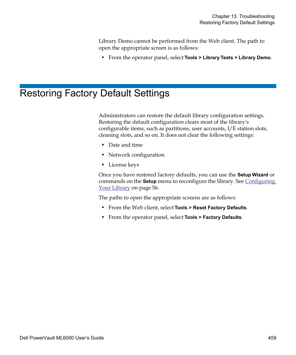 Restoring factory default settings | Dell PowerVault ML6000 User Manual | Page 409 / 438