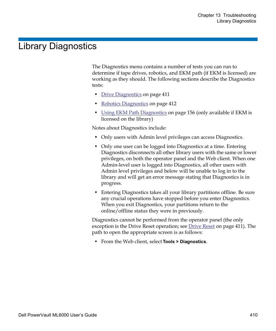 Library diagnostics | Dell PowerVault ML6000 User Manual | Page 410 / 438