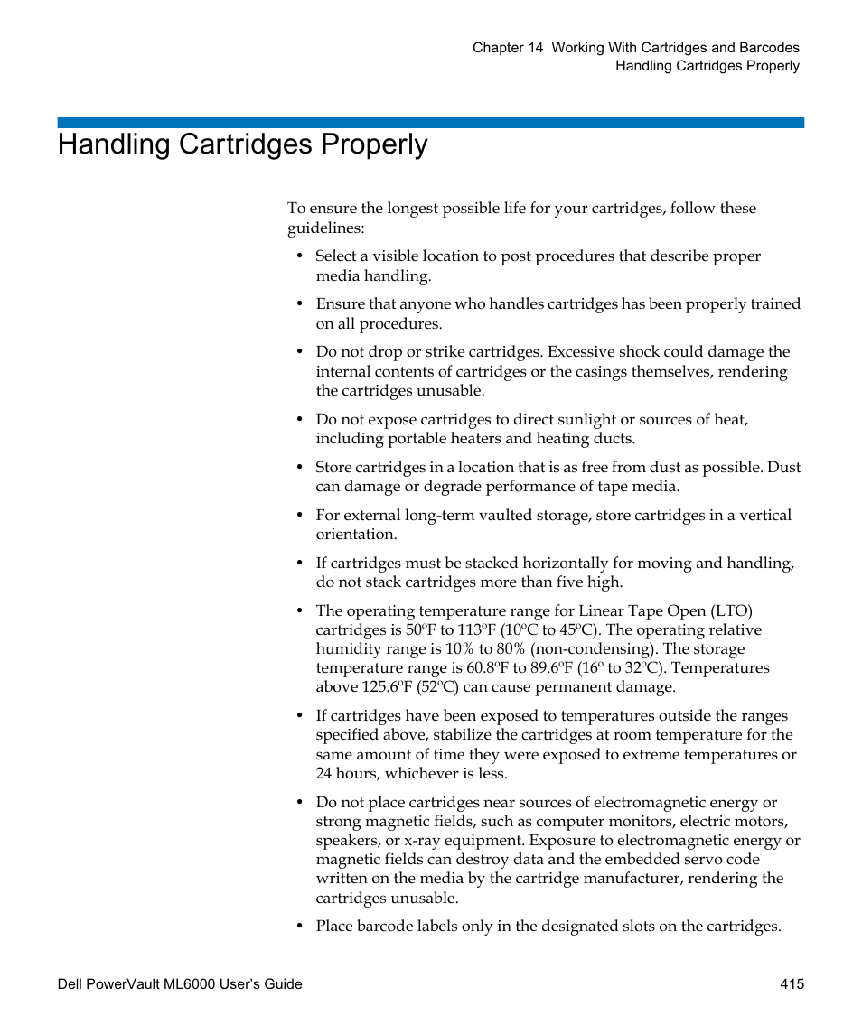 Handling cartridges properly | Dell PowerVault ML6000 User Manual | Page 415 / 438
