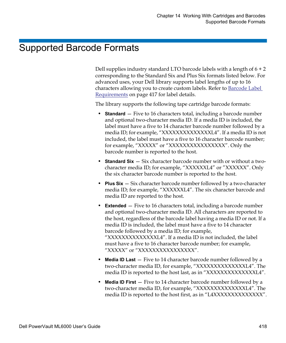 Supported barcode formats | Dell PowerVault ML6000 User Manual | Page 418 / 438