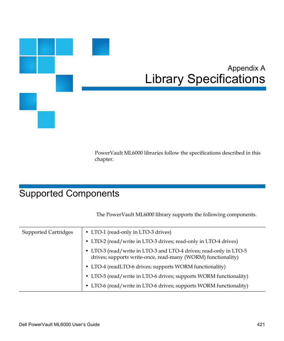 Library specifications, Supported components, Library specifications 421 | Library, Specifications, Appendix a | Dell PowerVault ML6000 User Manual | Page 421 / 438