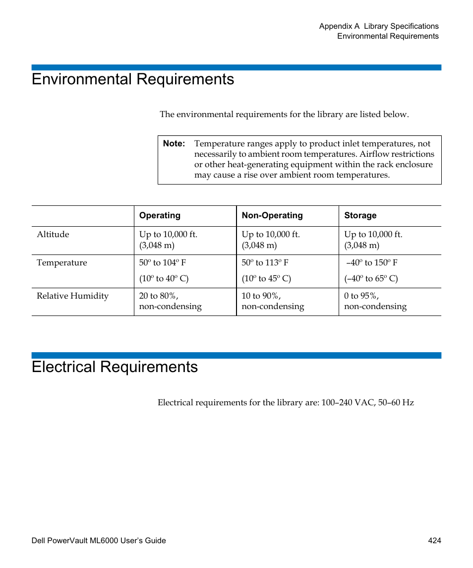 Environmental requirements, Electrical requirements | Dell PowerVault ML6000 User Manual | Page 424 / 438