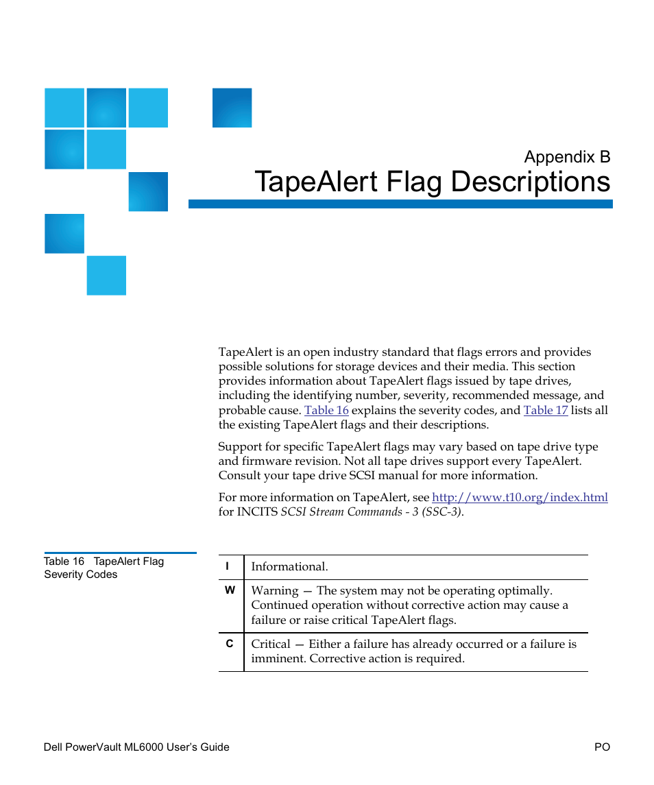 Tapealert flag descriptions, Tapealert flag descriptions po, Appendix b | Dell PowerVault ML6000 User Manual | Page 428 / 438