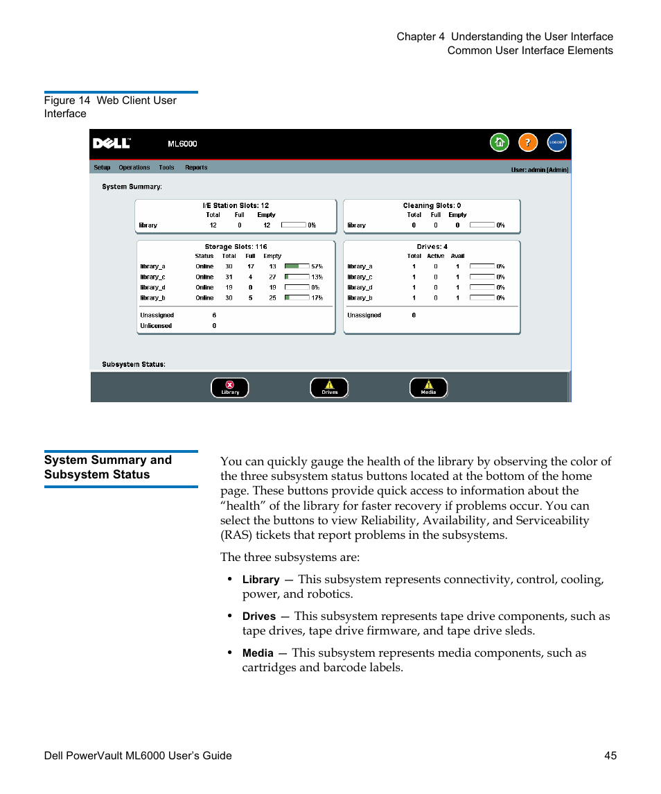 System summary and subsystem status, Figure 14, Show the operator panel and the web client | Dell PowerVault ML6000 User Manual | Page 45 / 438