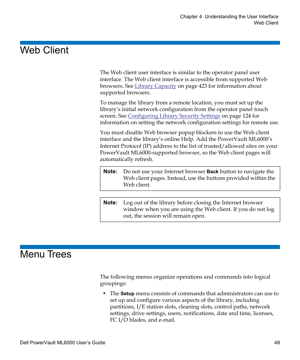 Web client, Menu trees | Dell PowerVault ML6000 User Manual | Page 48 / 438