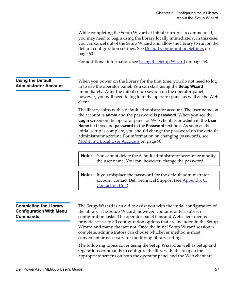 Using the default administrator account, Completing the library, Configuration with menu commands | Dell PowerVault ML6000 User Manual | Page 57 / 438