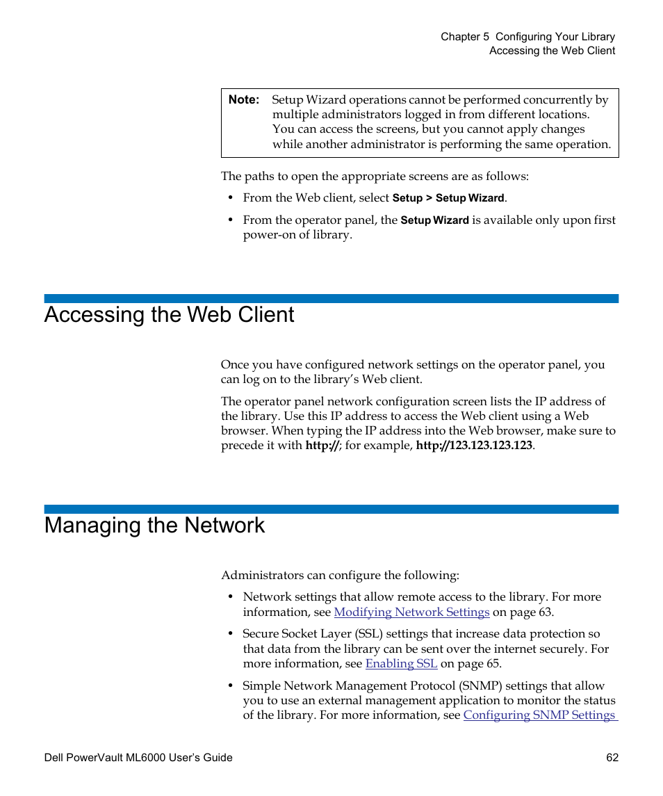 Accessing the web client, Managing the network | Dell PowerVault ML6000 User Manual | Page 62 / 438