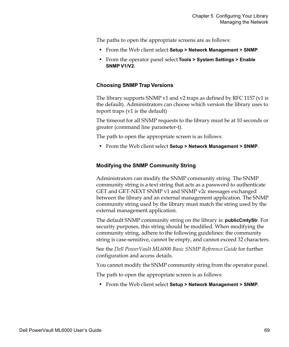 Modifying the, Snmp community string | Dell PowerVault ML6000 User Manual | Page 69 / 438