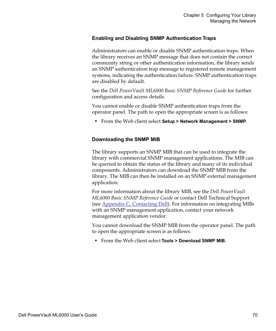 Enabling and disabling snmp authentication traps, Downloading the snmp mib | Dell PowerVault ML6000 User Manual | Page 70 / 438