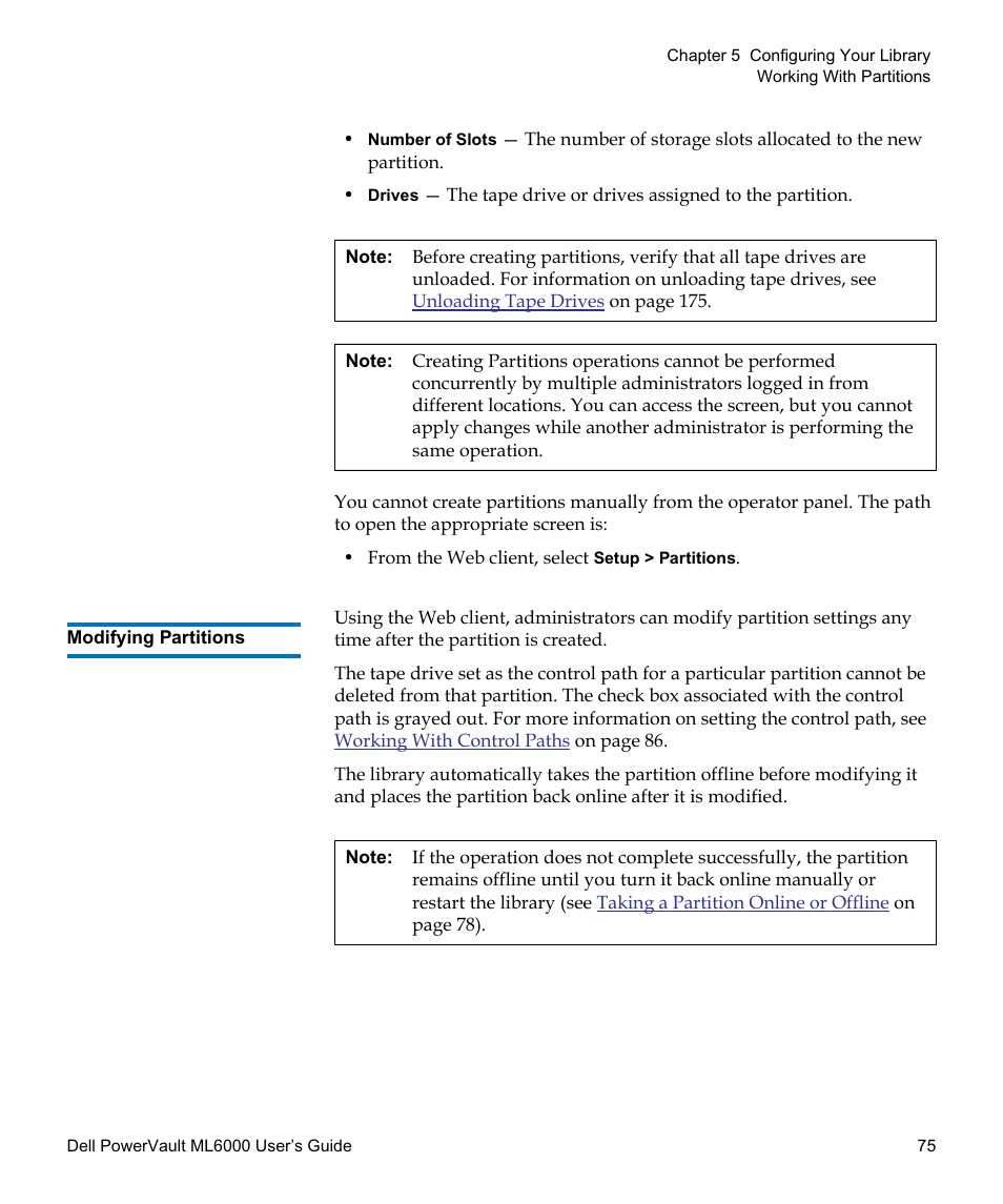 Modifying partitions, Modifying, Partitions | Dell PowerVault ML6000 User Manual | Page 75 / 438