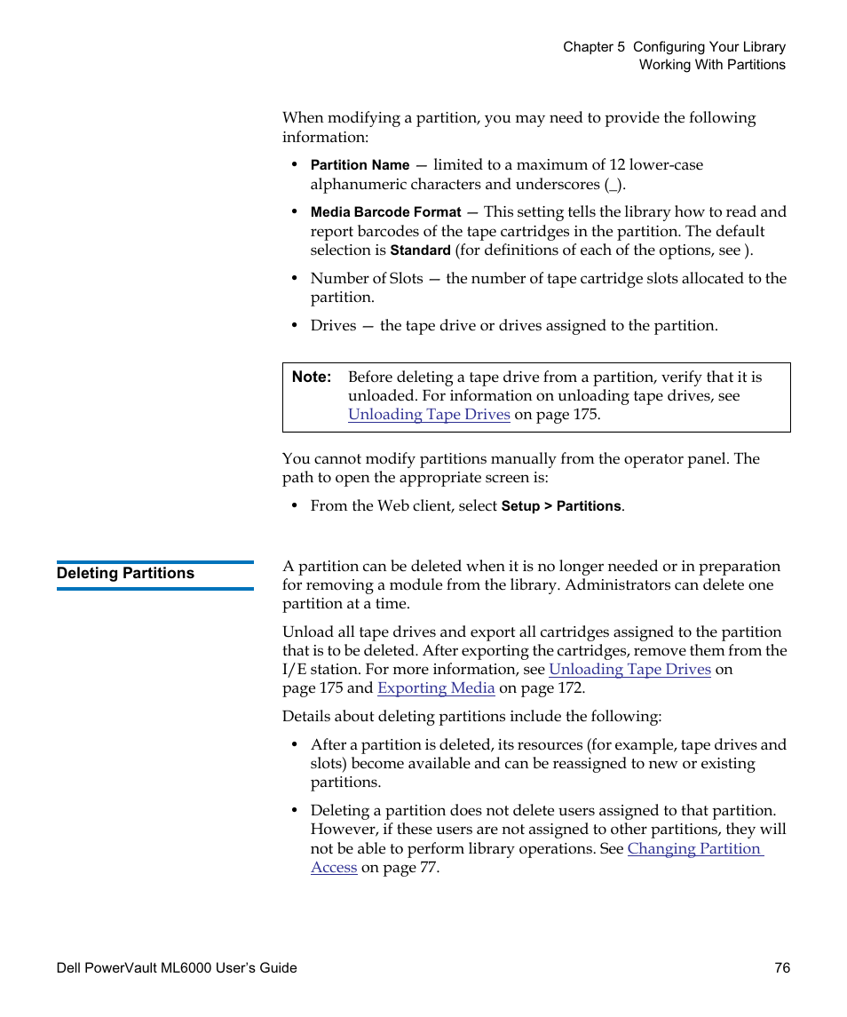 Deleting partitions, Partitions. see | Dell PowerVault ML6000 User Manual | Page 76 / 438