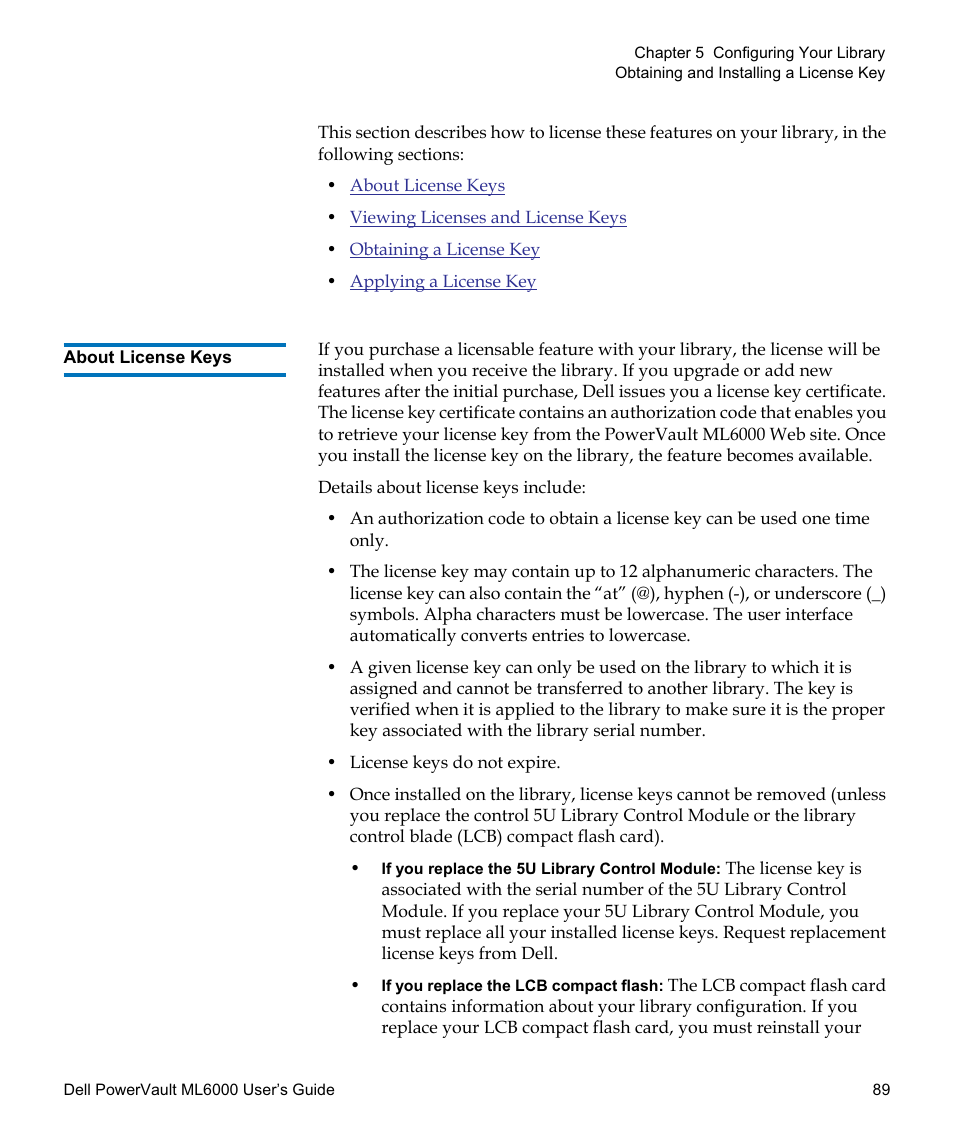About license keys | Dell PowerVault ML6000 User Manual | Page 89 / 438