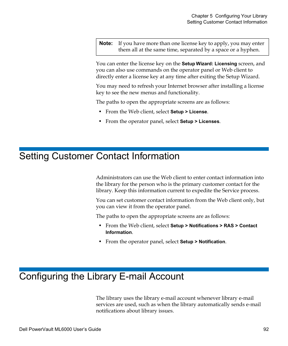 Setting customer contact information, Configuring the library e-mail account | Dell PowerVault ML6000 User Manual | Page 92 / 438