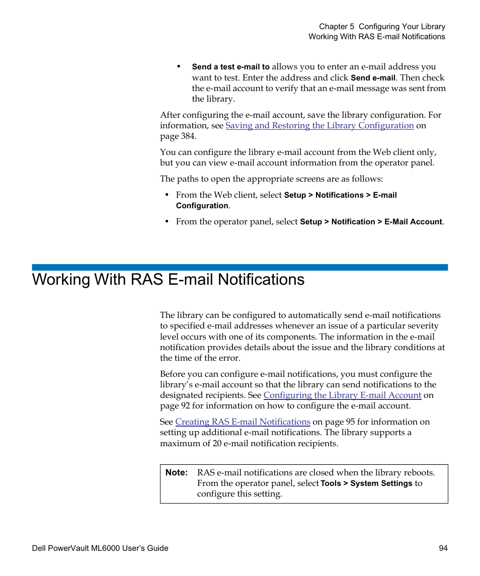 Working with ras e-mail notifications | Dell PowerVault ML6000 User Manual | Page 94 / 438