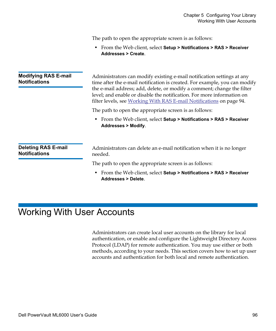 Modifying ras e-mail notifications, Deleting ras e-mail notifications, Working with user accounts | It. see | Dell PowerVault ML6000 User Manual | Page 96 / 438