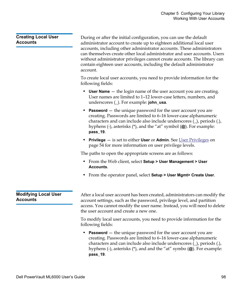 Creating local user accounts, Modifying local user accounts | Dell PowerVault ML6000 User Manual | Page 98 / 438