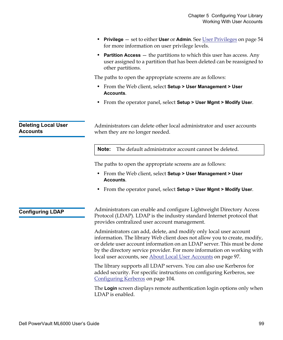 Deleting local user accounts, Configuring ldap | Dell PowerVault ML6000 User Manual | Page 99 / 438