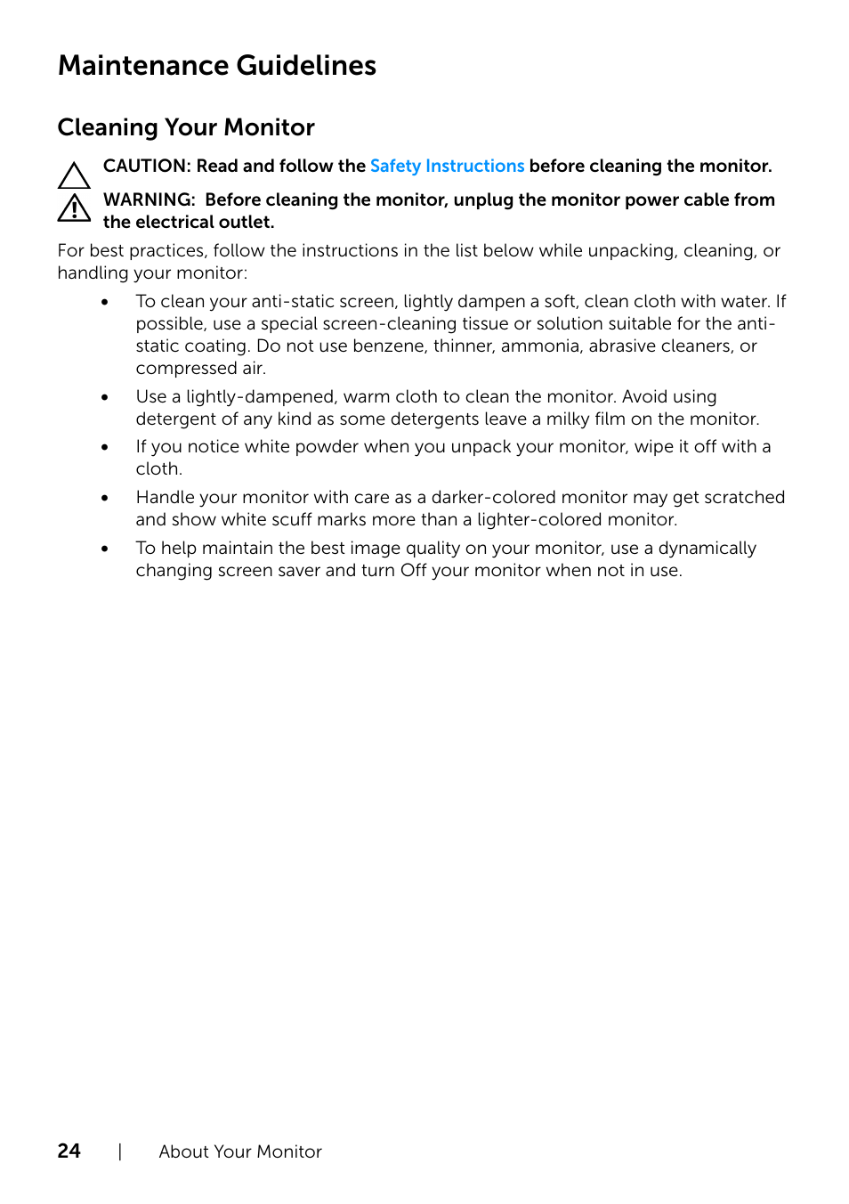 Maintenance guidelines, Cleaning your monitor | Dell UltraSharp 34 Curved Monitor User Manual | Page 24 / 69