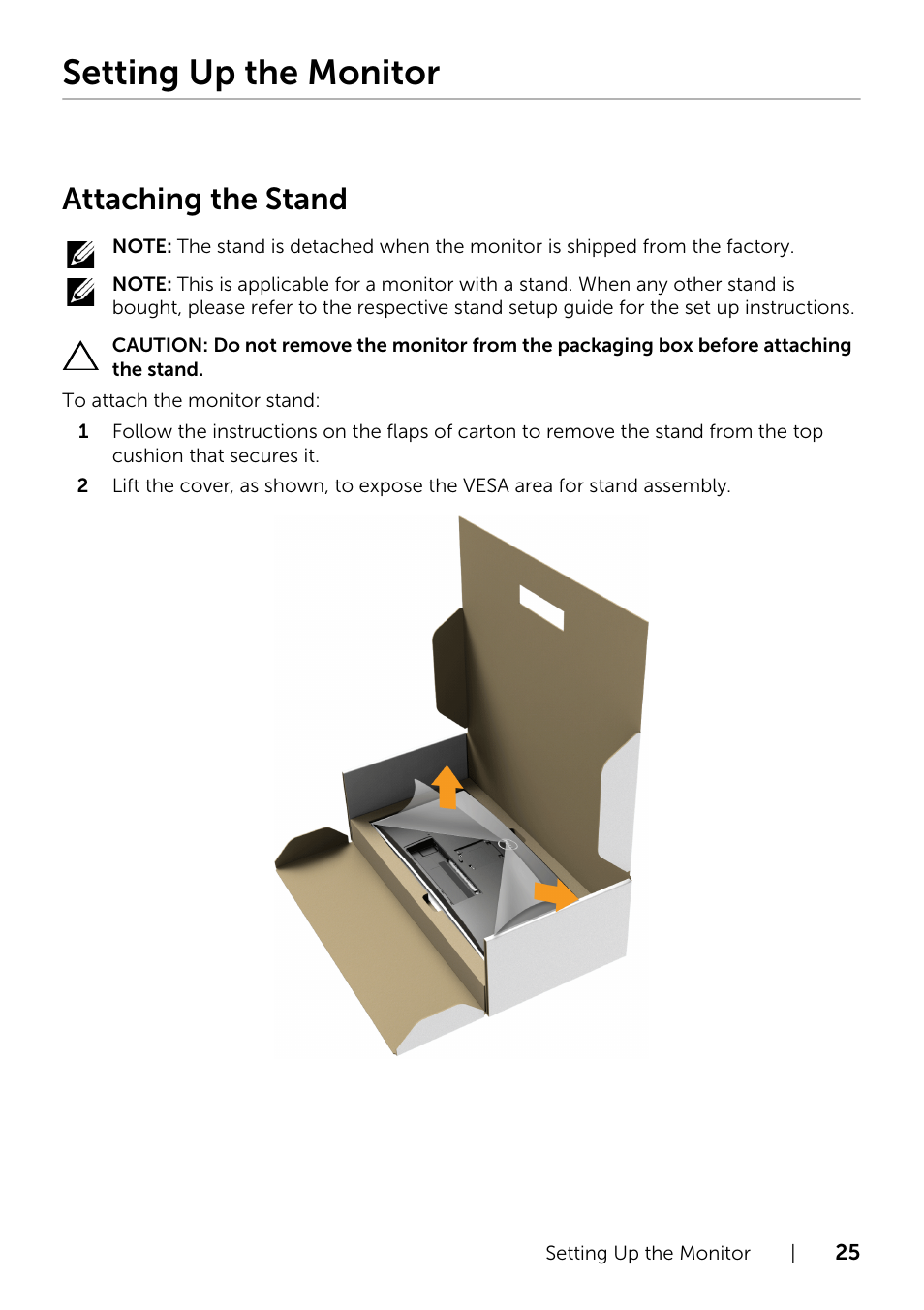 Setting up the monitor, Attaching the stand | Dell UltraSharp 34 Curved Monitor User Manual | Page 25 / 69