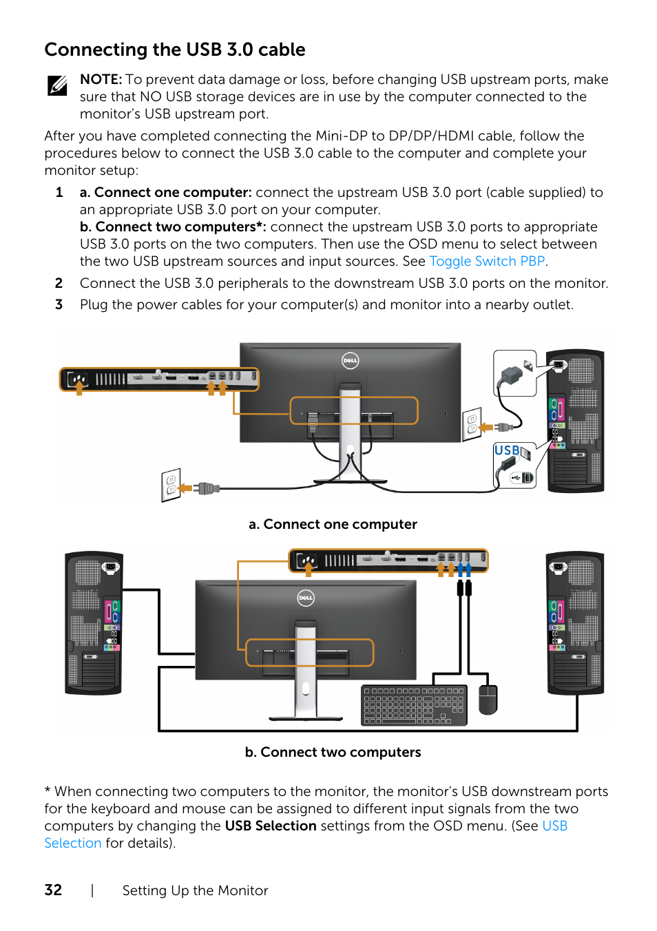 Connecting the usb 3.0 cable | Dell UltraSharp 34 Curved Monitor User Manual | Page 32 / 69