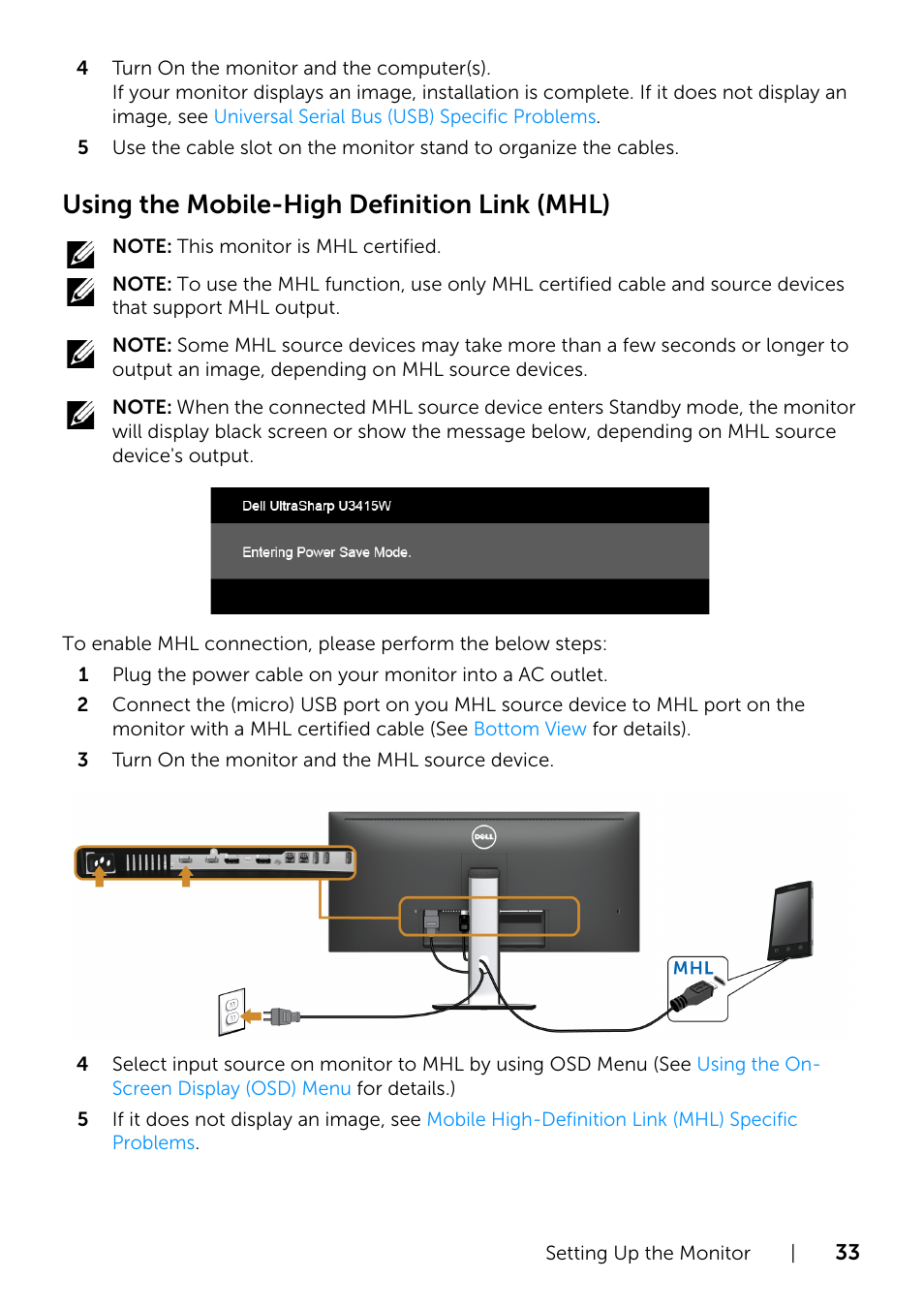 Using the mobile-high definition link (mhl) | Dell UltraSharp 34 Curved Monitor User Manual | Page 33 / 69