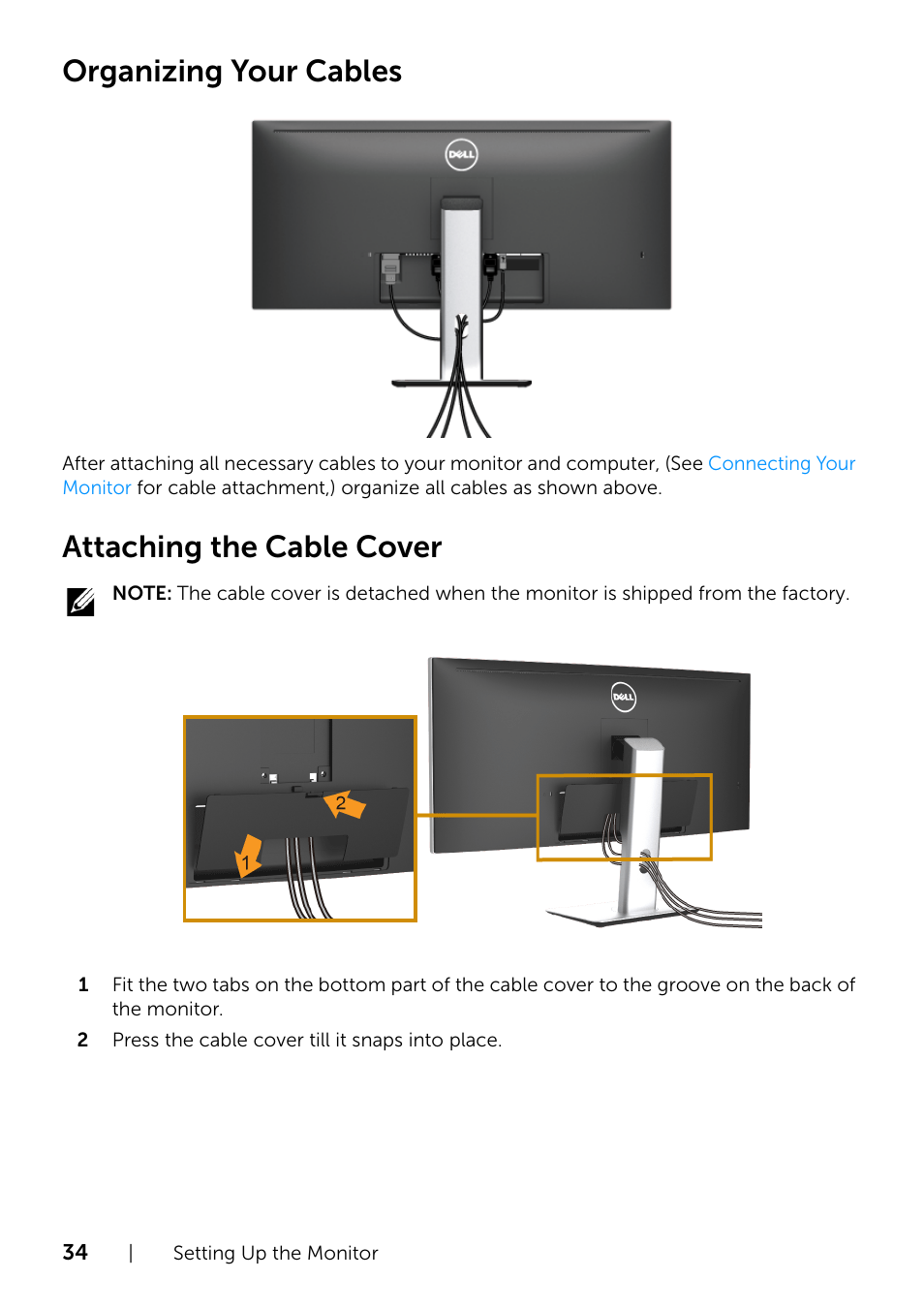 Organizing your cables, Attaching the cable cover | Dell UltraSharp 34 Curved Monitor User Manual | Page 34 / 69