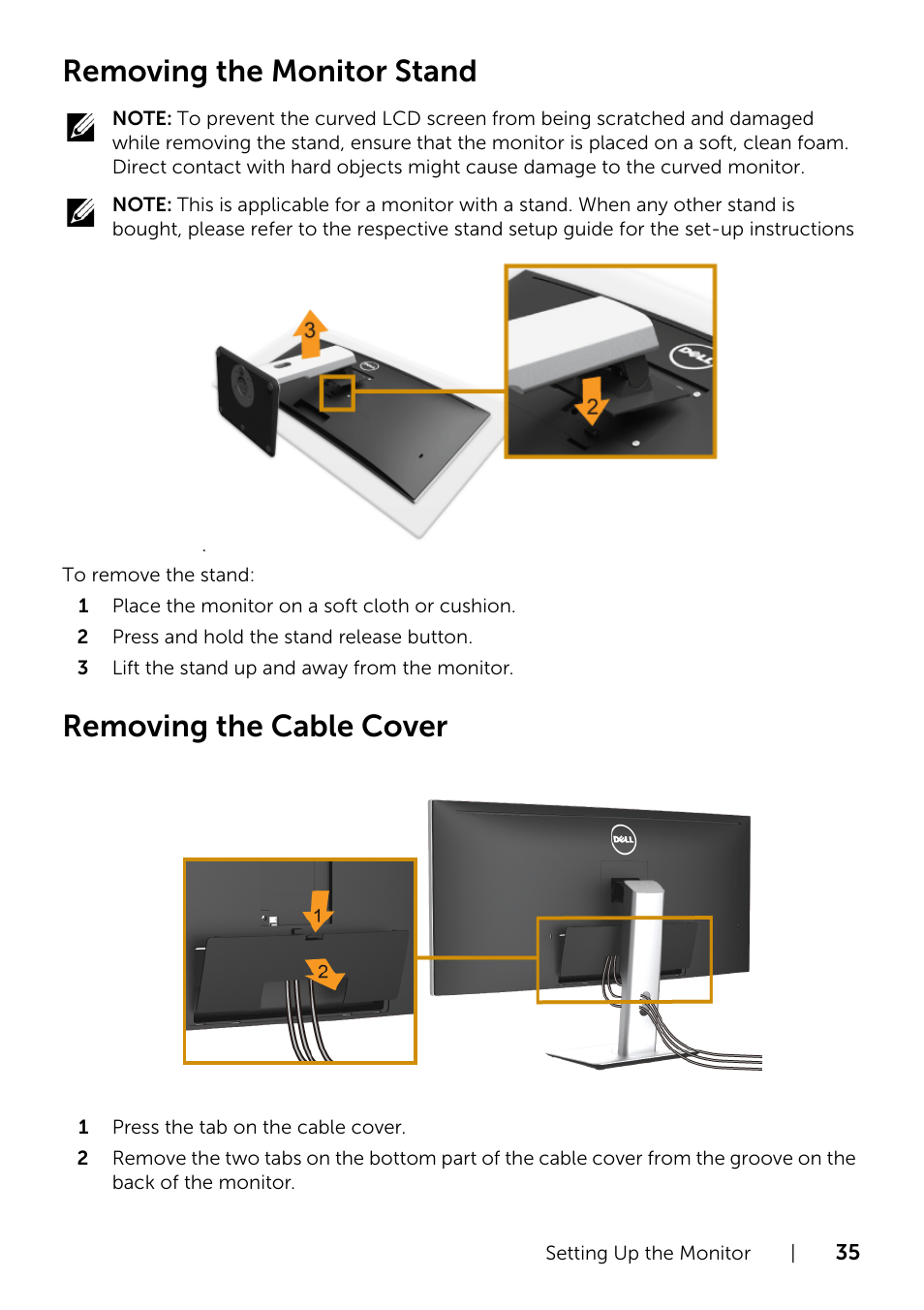 Removing the monitor stand, Removing the cable cover | Dell UltraSharp 34 Curved Monitor User Manual | Page 35 / 69