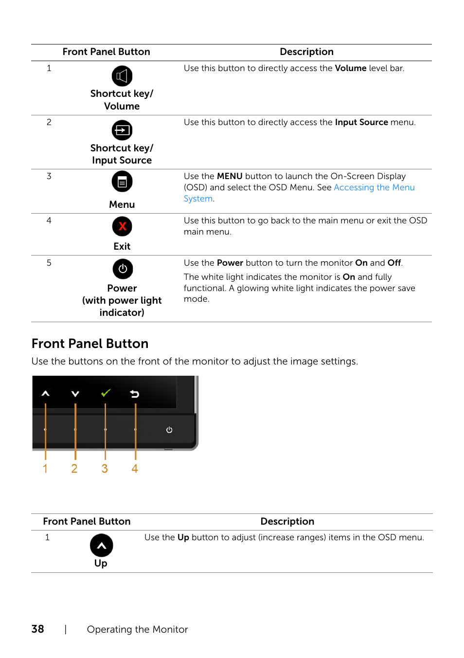 Front panel button | Dell UltraSharp 34 Curved Monitor User Manual | Page 38 / 69