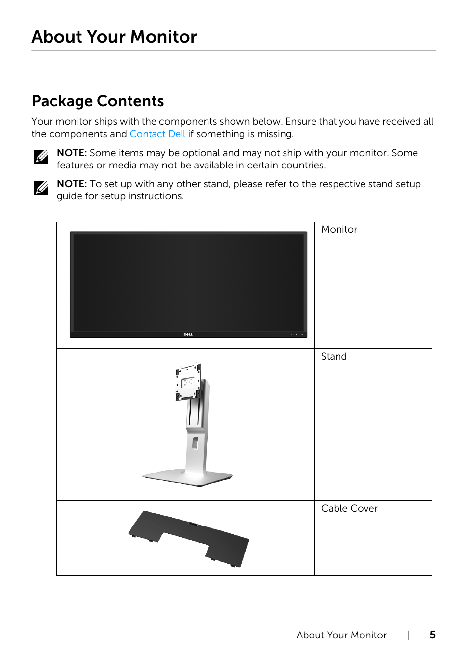 About your monitor, Package contents | Dell UltraSharp 34 Curved Monitor User Manual | Page 5 / 69