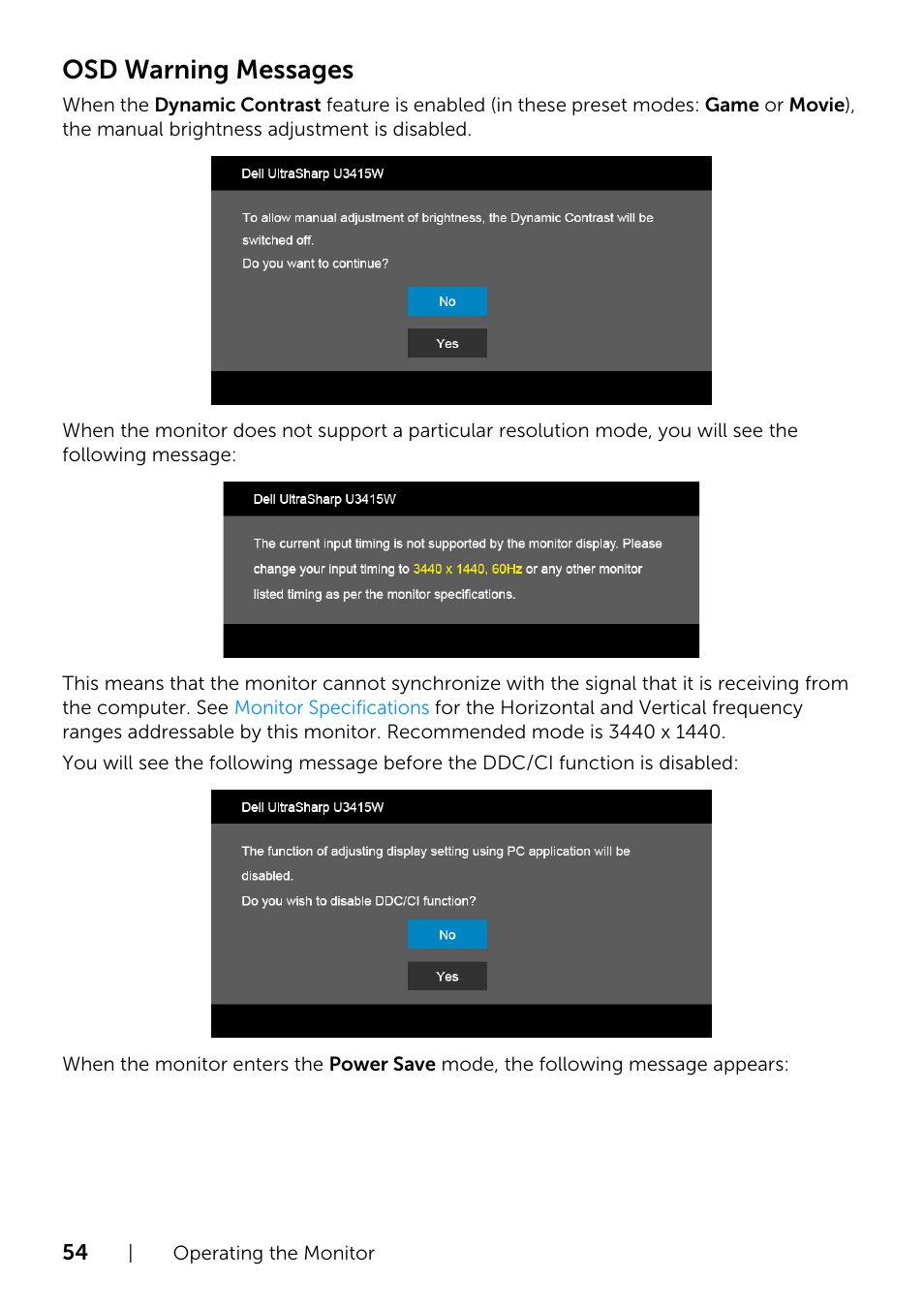 Osd warning messages | Dell UltraSharp 34 Curved Monitor User Manual | Page 54 / 69