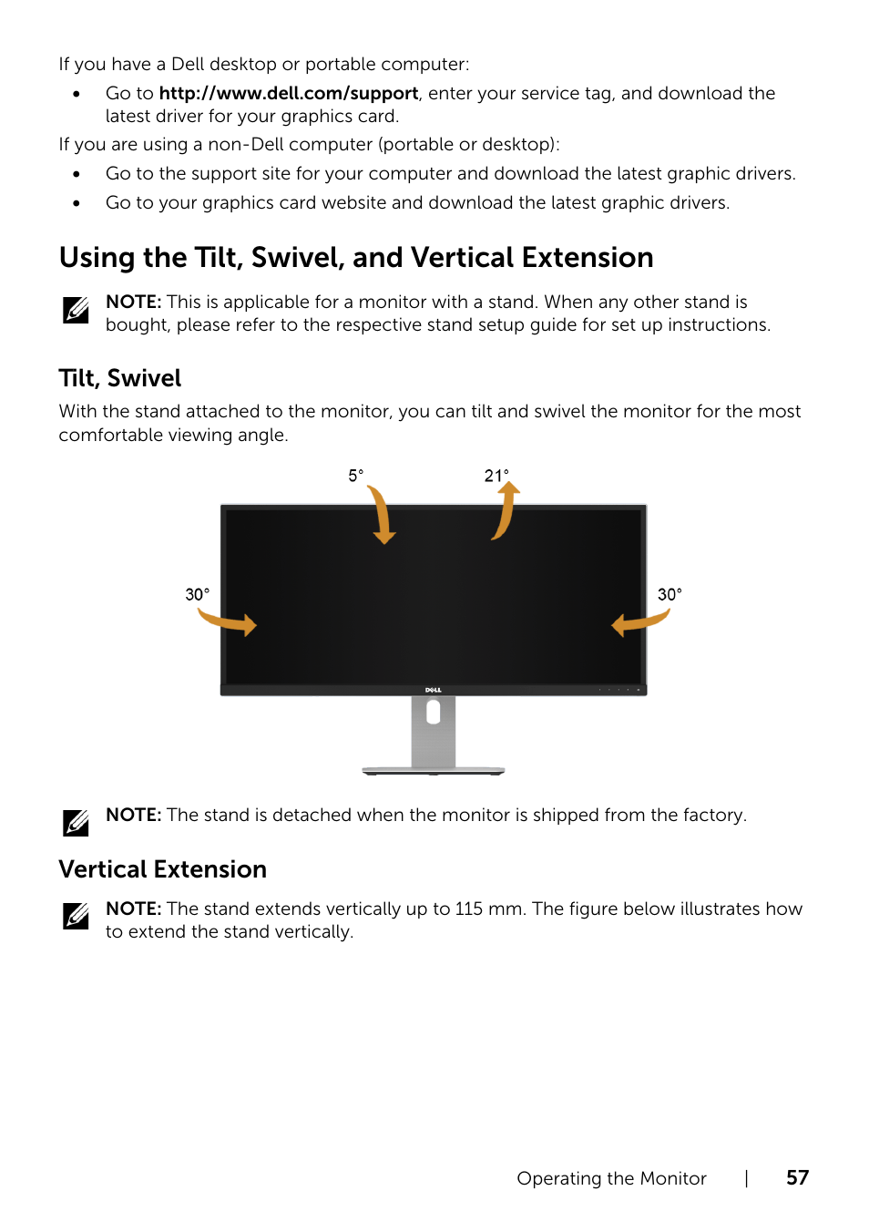 Using the tilt, swivel, and vertical extension, Tilt, swivel, Vertical extension | Dell UltraSharp 34 Curved Monitor User Manual | Page 57 / 69