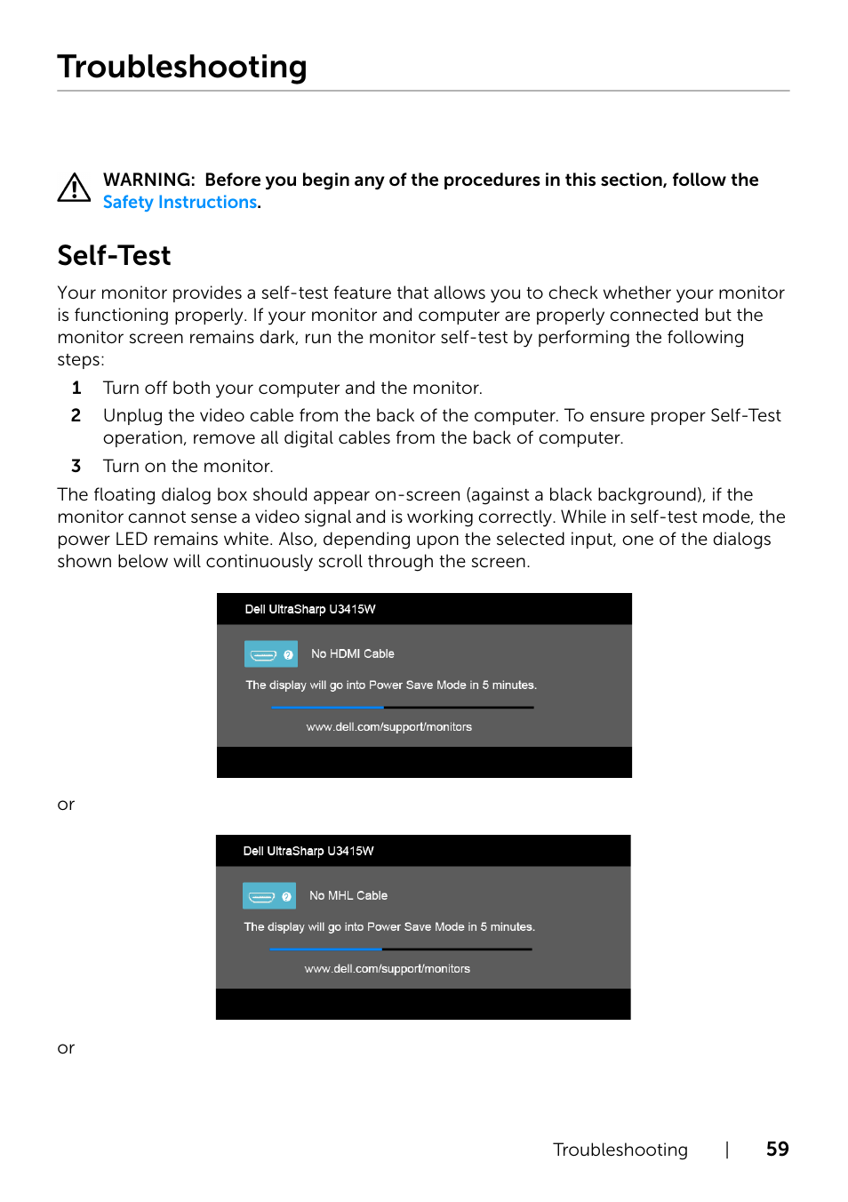 Troubleshooting, Self-test | Dell UltraSharp 34 Curved Monitor User Manual | Page 59 / 69