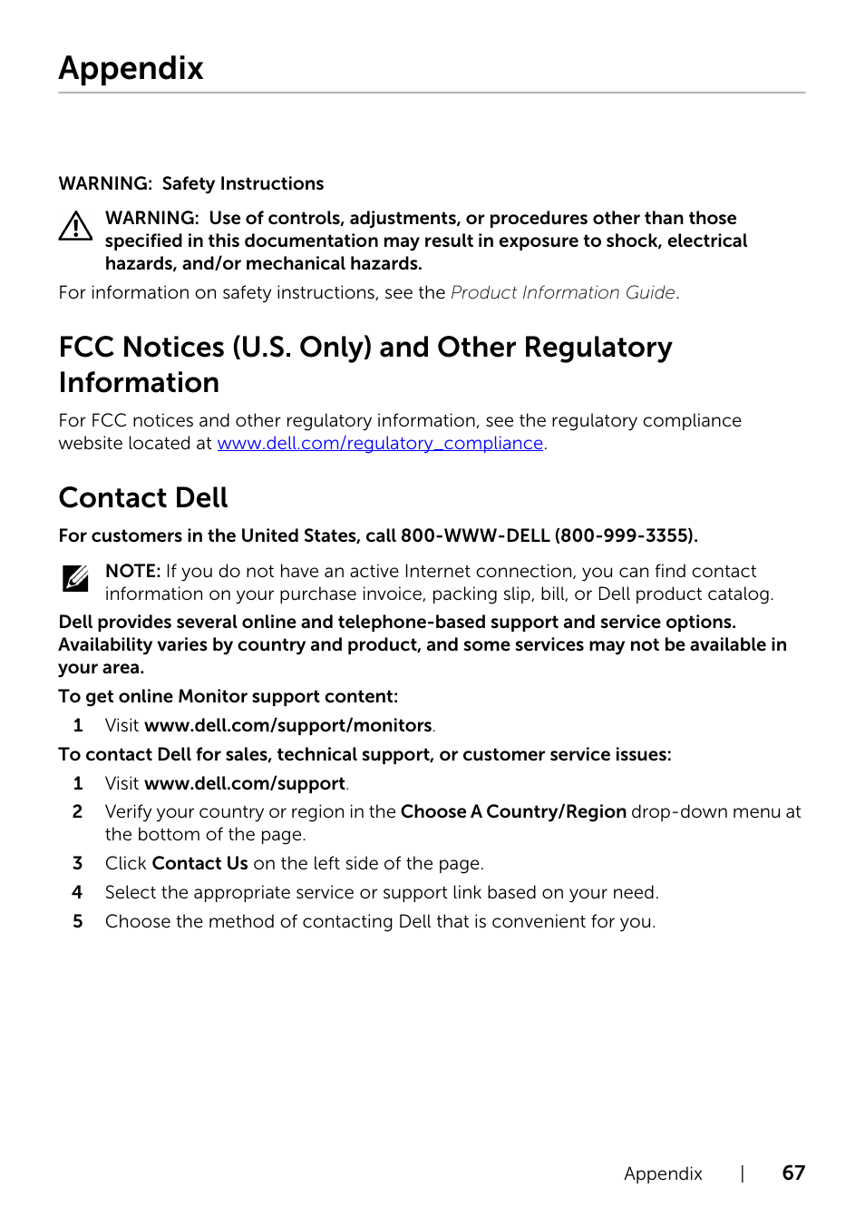 Appendix, Contact dell, Fcc notices (u.s. only) and other regulatory | Information | Dell UltraSharp 34 Curved Monitor User Manual | Page 67 / 69