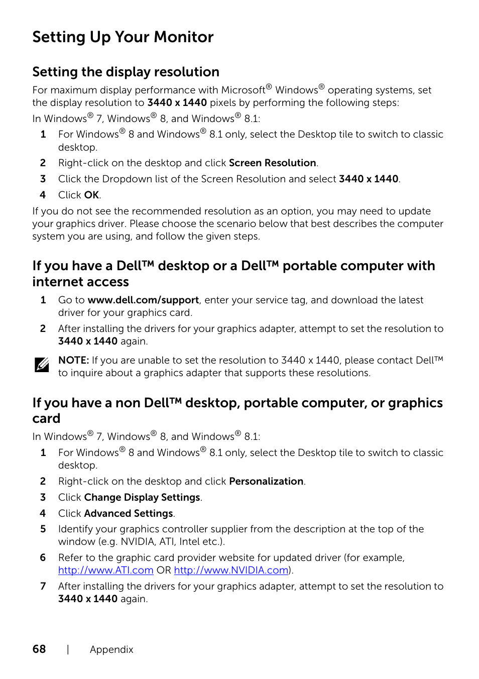 Setting up your monitor, Setting the display resolution | Dell UltraSharp 34 Curved Monitor User Manual | Page 68 / 69