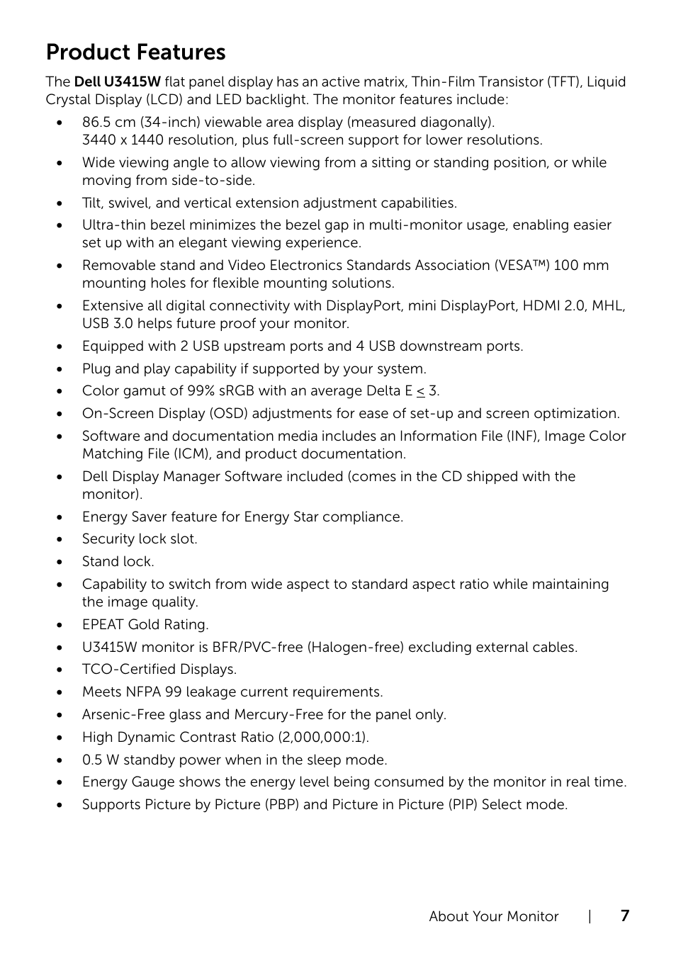 Product features | Dell UltraSharp 34 Curved Monitor User Manual | Page 7 / 69
