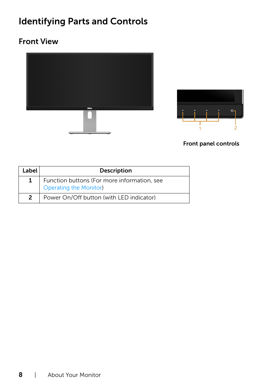 Identifying parts and controls, Front view | Dell UltraSharp 34 Curved Monitor User Manual | Page 8 / 69