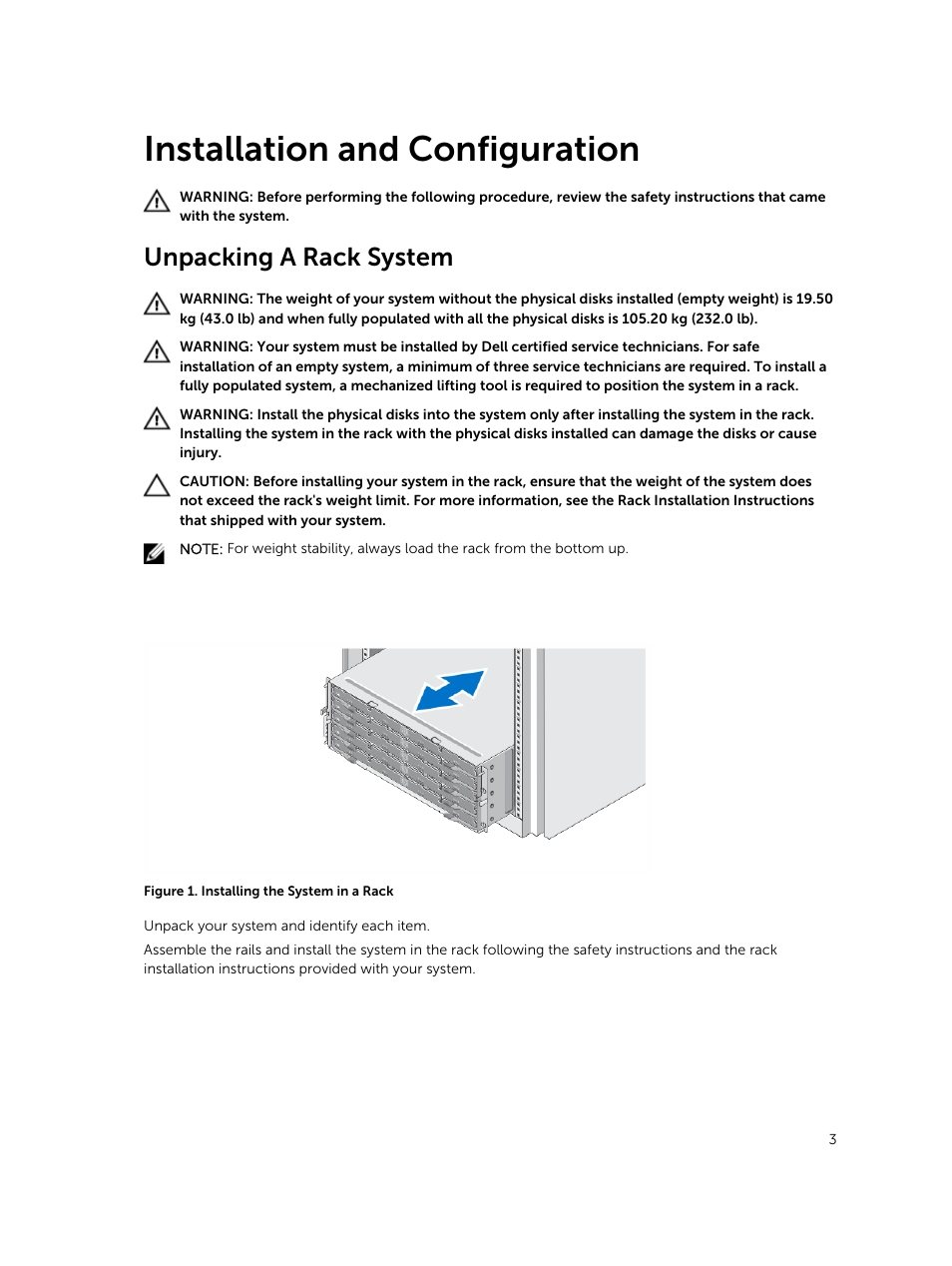 Installation and configuration, Unpacking a rack system | Dell PowerVault MD3860f User Manual | Page 3 / 10