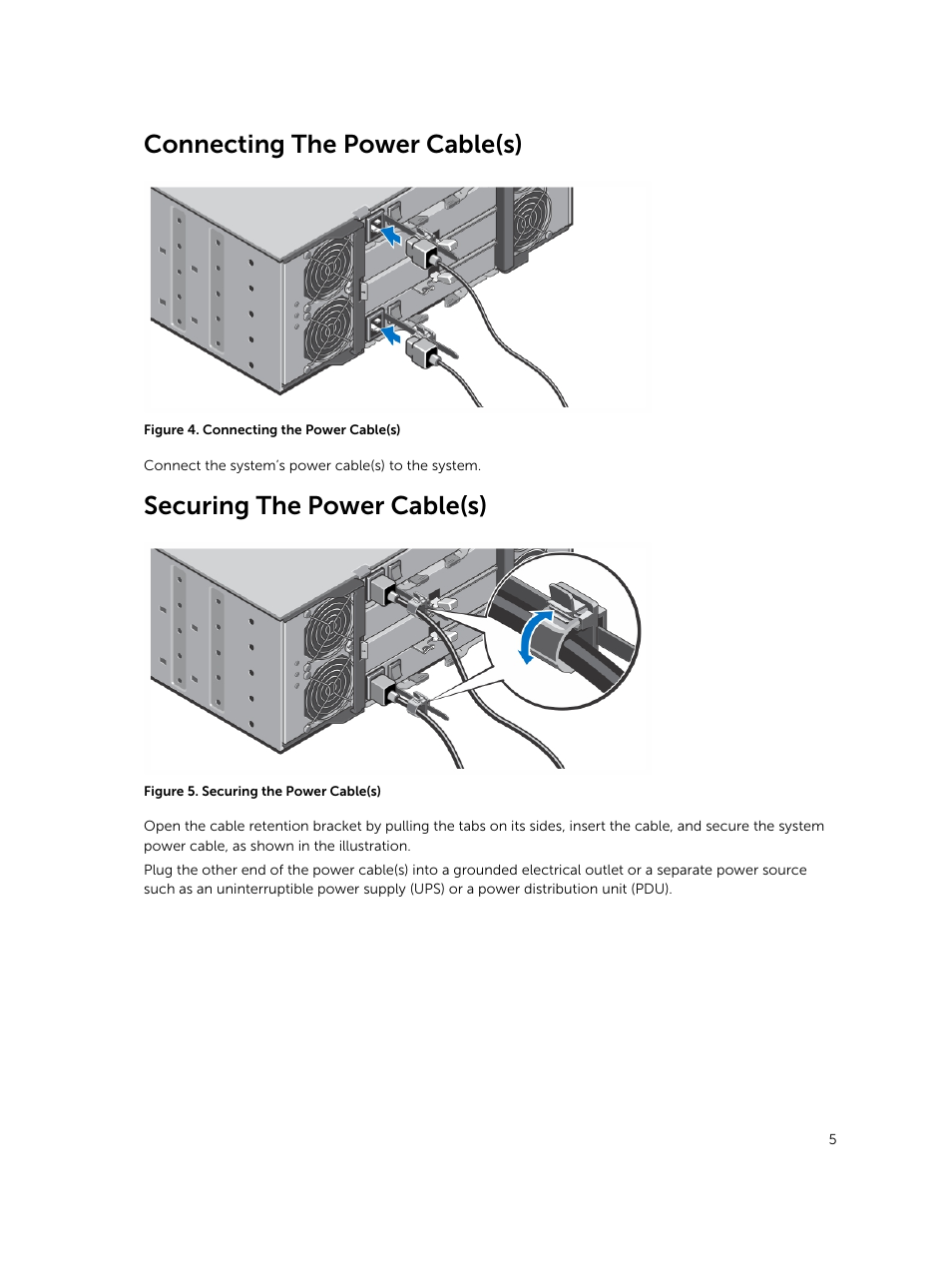 Connecting the power cable(s), Securing the power cable(s) | Dell PowerVault MD3860f User Manual | Page 5 / 10