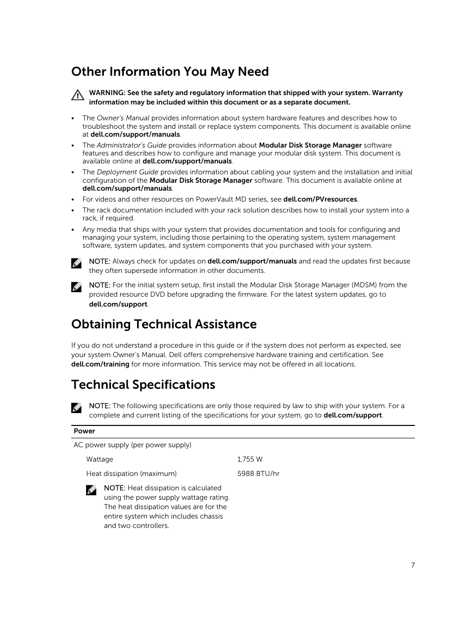 Other information you may need, Obtaining technical assistance, Technical specifications | Dell PowerVault MD3860f User Manual | Page 7 / 10