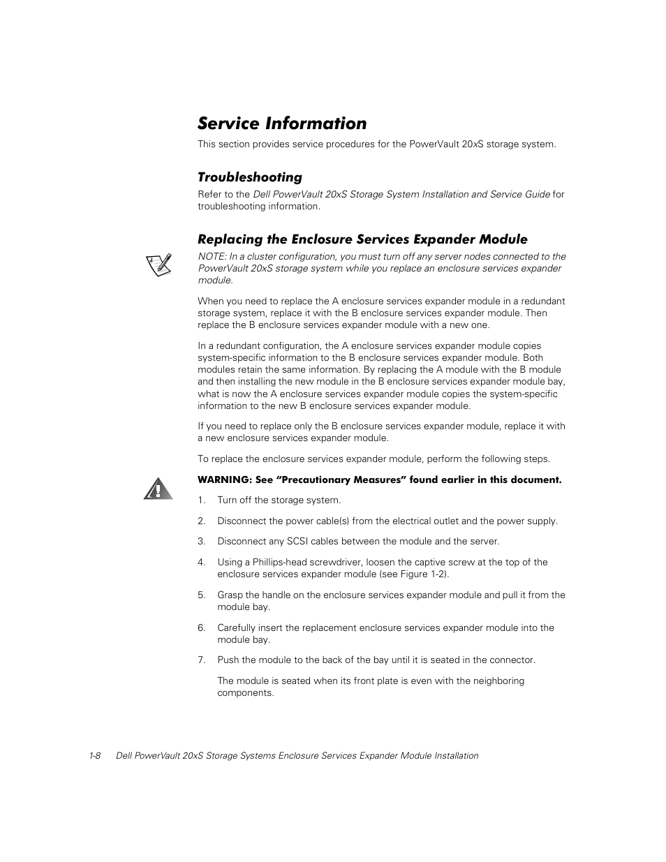 Service information, Troubleshooting, Replacing the enclosure services expander module | Dell PowerVault 201S (SCSI) User Manual | Page 10 / 48