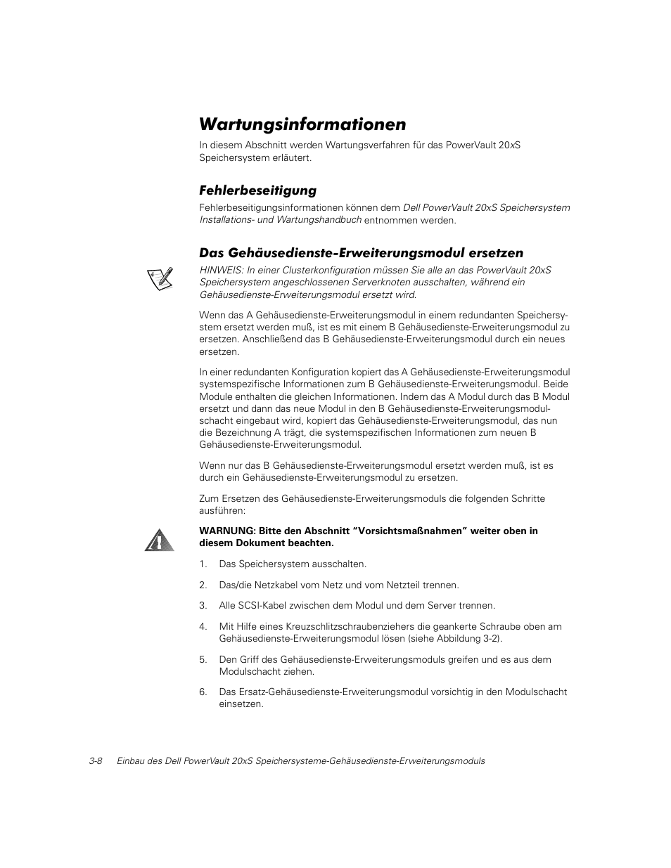 Wartungsinformationen, Fehlerbeseitigung, Das gehäusedienste-erweiterungsmodul ersetzen | Dell PowerVault 201S (SCSI) User Manual | Page 34 / 48