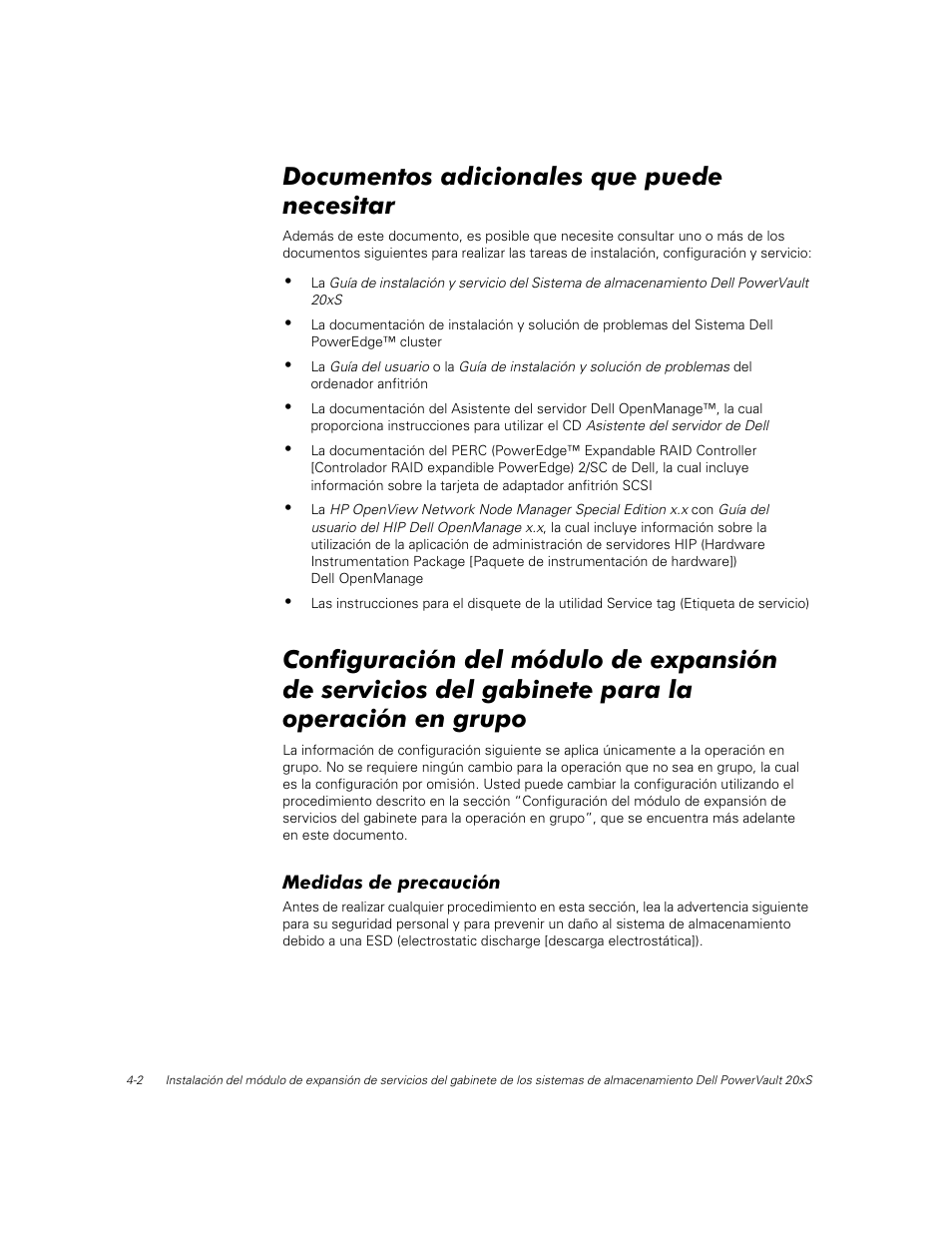 Documentos adicionales que puede necesitar, Medidas de precaución | Dell PowerVault 201S (SCSI) User Manual | Page 40 / 48