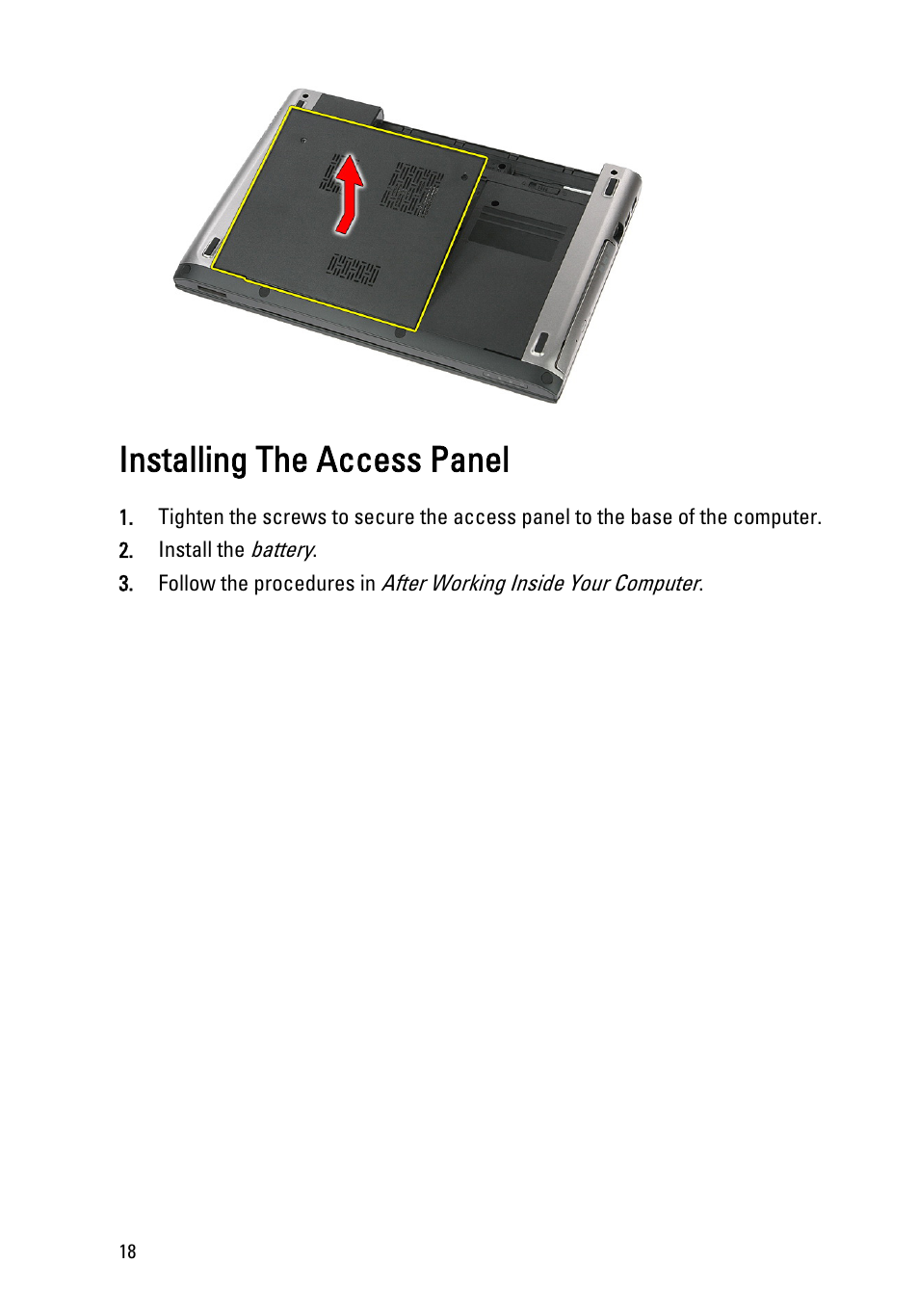 Installing the access panel | Dell Vostro 3350 (Early 2011) User Manual | Page 18 / 113