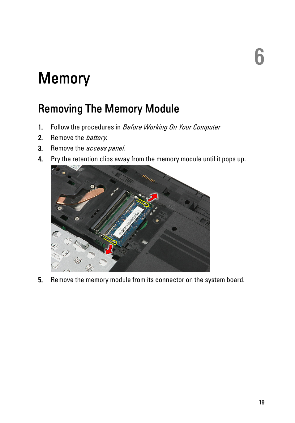 Memory, Removing the memory module, 6 memory | Dell Vostro 3350 (Early 2011) User Manual | Page 19 / 113