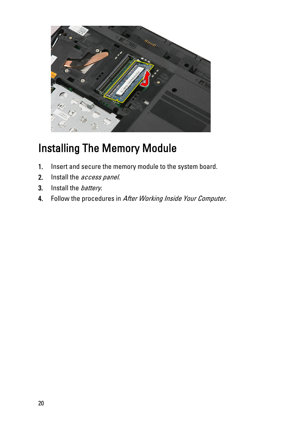 Installing the memory module | Dell Vostro 3350 (Early 2011) User Manual | Page 20 / 113